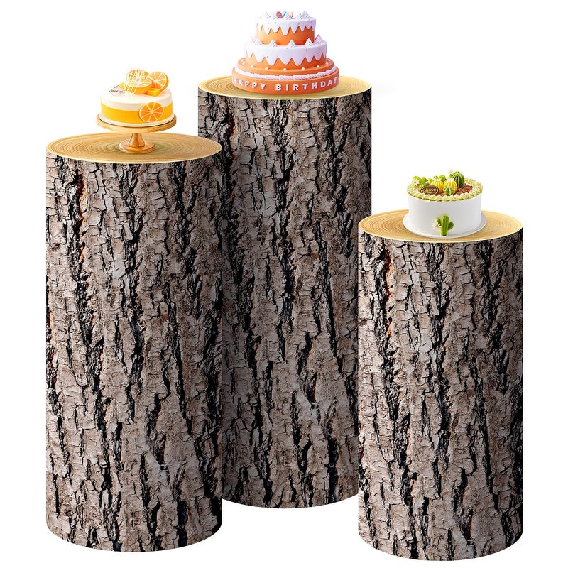 SaitiMade Set of 3 - Wood Cylinder Pedestal Stand Covers  Spandex Wooden Texture Cylinder Stand Covers for Party  Wedding or Birthday Event Decor - Only Contains Cylinder Covers - Image 1